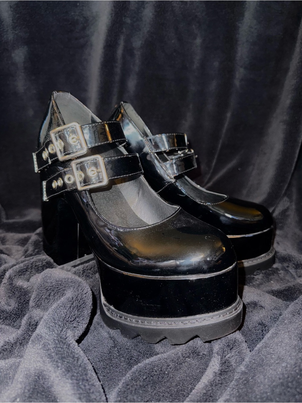 Black Platform Mary Jane Heels with Double Buckle Straps